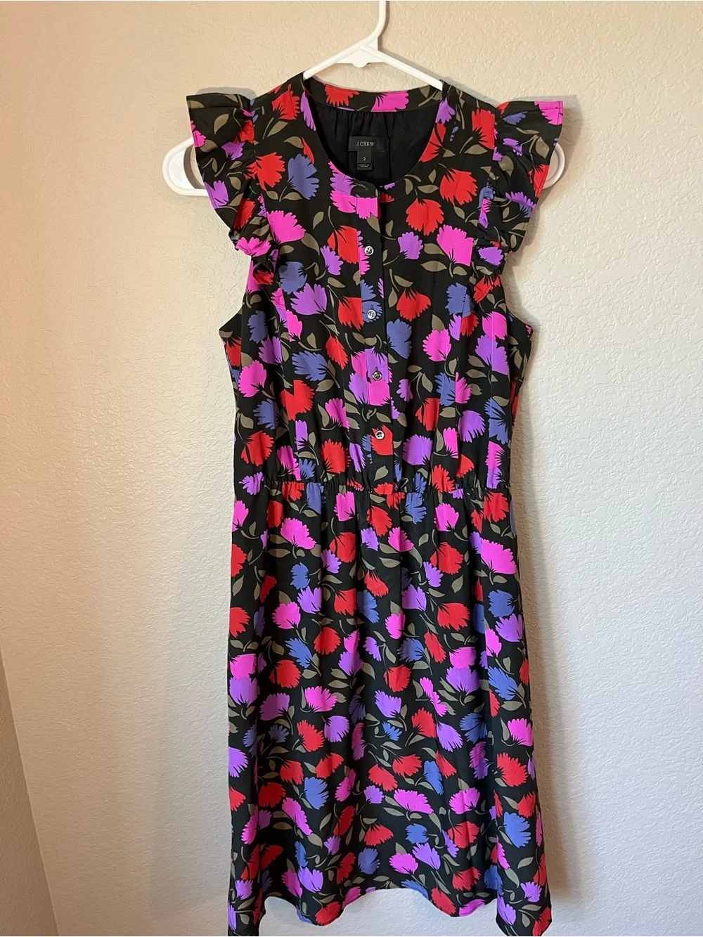 J.Crew Painted Pansy Silk Floral Dress Size 2 Ruffle 100% Silk Romantic Wedding